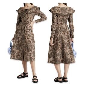 GANNI Ruffle sz L mushroom brown floral organic cotton poplin button shirt dress